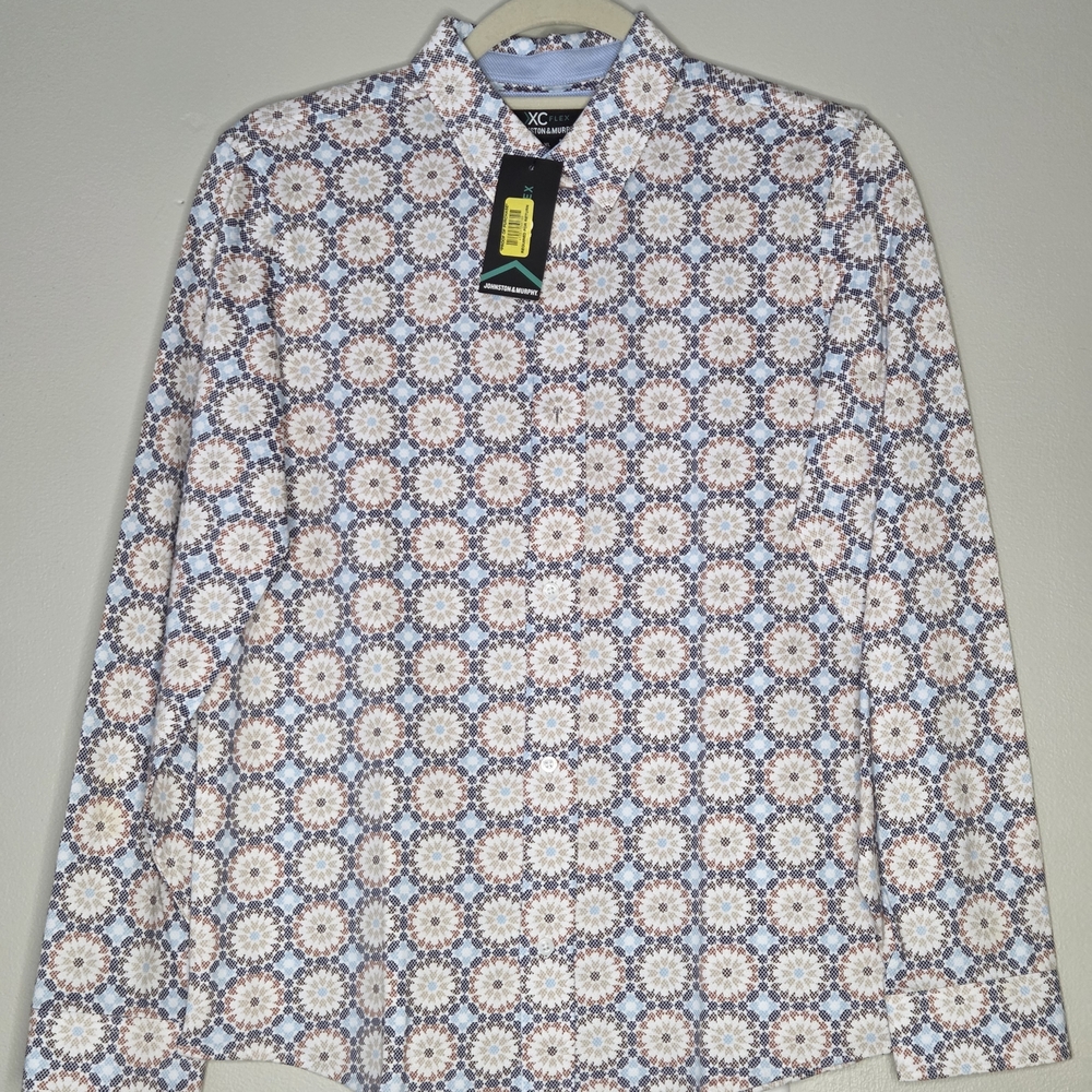 Johnston & Murphy White and Blue Patterned Button-down Shirt